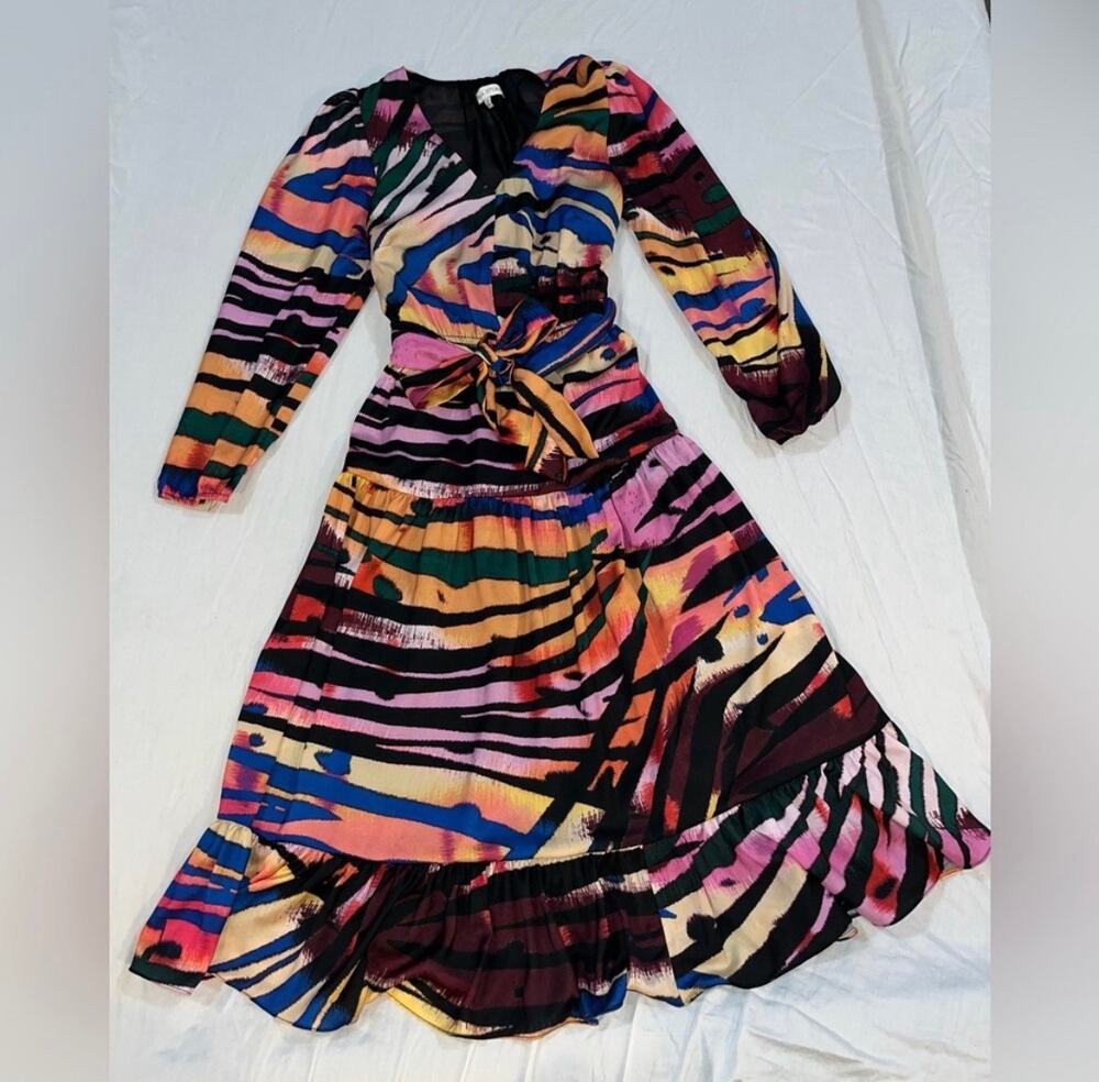 Willa Story Multicolor Abstract Print Long-Sleeve Midi Dress - Size XS